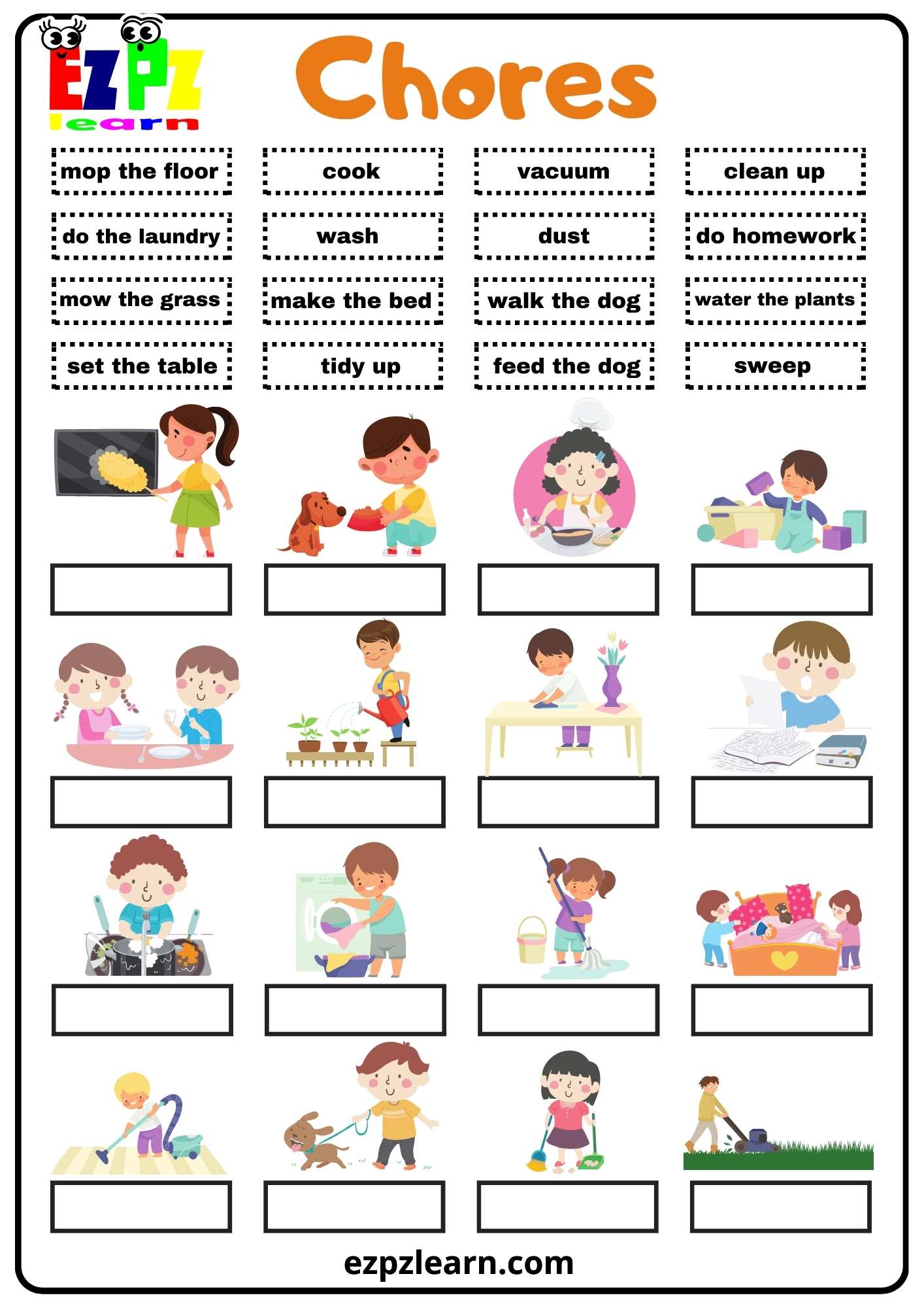 Chores Match the Words Worksheet. Free Free PDF Download